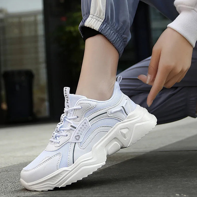 Women's white mesh sports shoes with buckle closure and round toe
