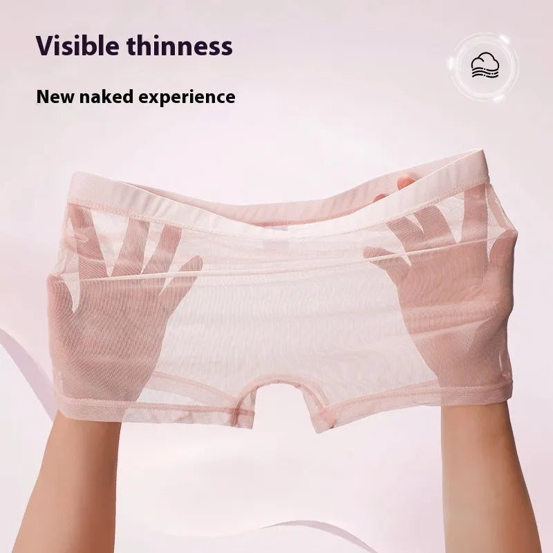 Men's low-waist mesh boxer briefs in thin sheer fabric, shown in multiple colours.