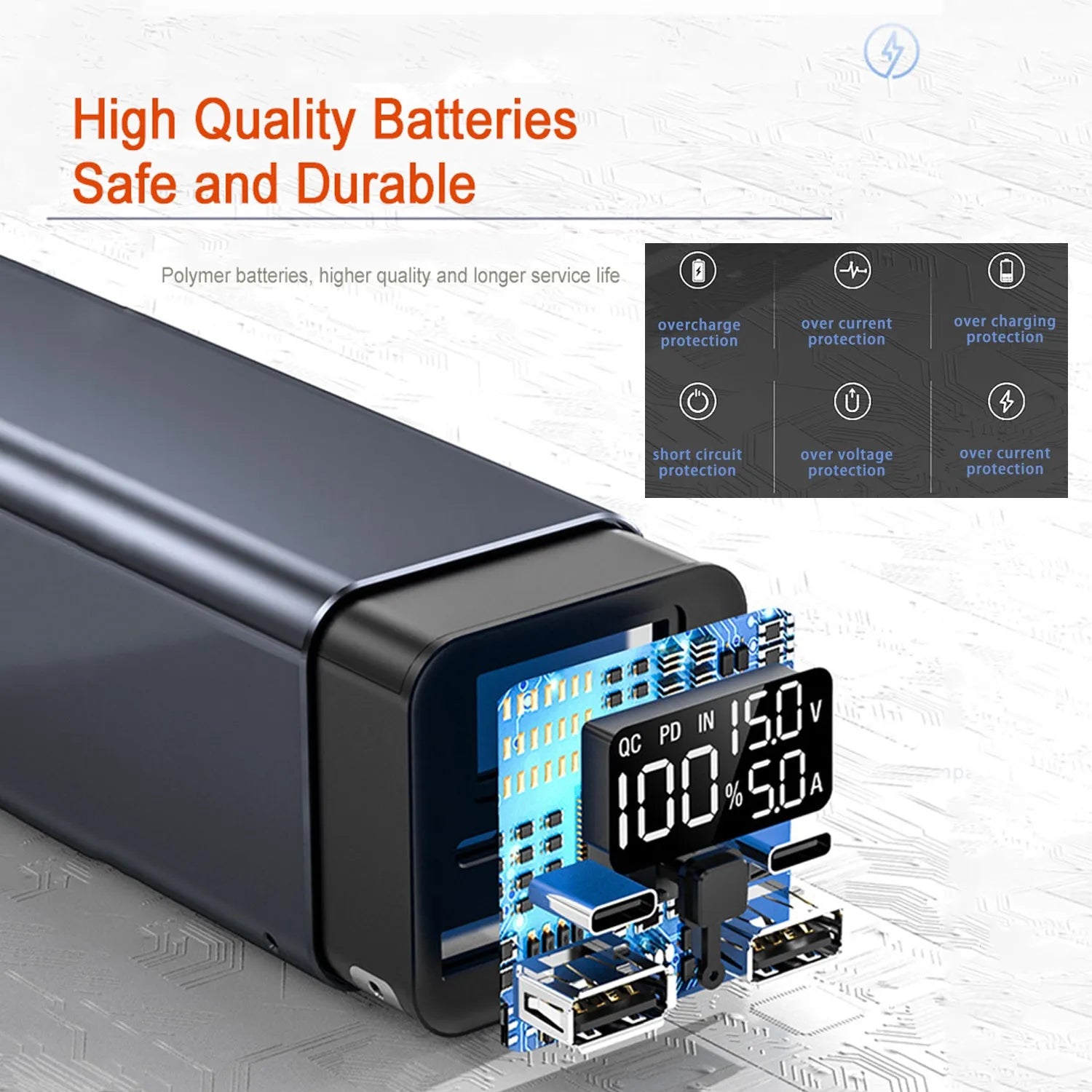 Black high power laptop charging bank with metal case showing size and USB-C port.