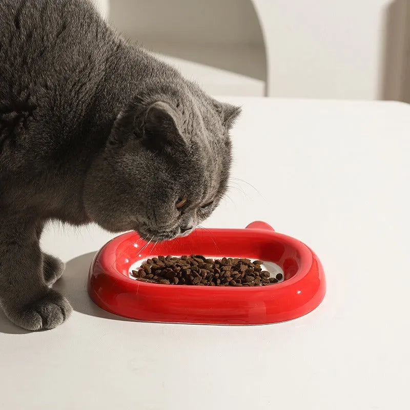 Ceramic pet bowl with an animal design, shown on a table.