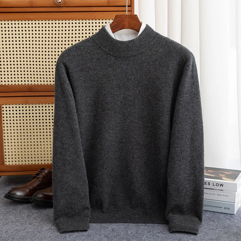 Man wearing a loose-fit half-collar wool sweater in a camel colour, suitable for winter casual wear.