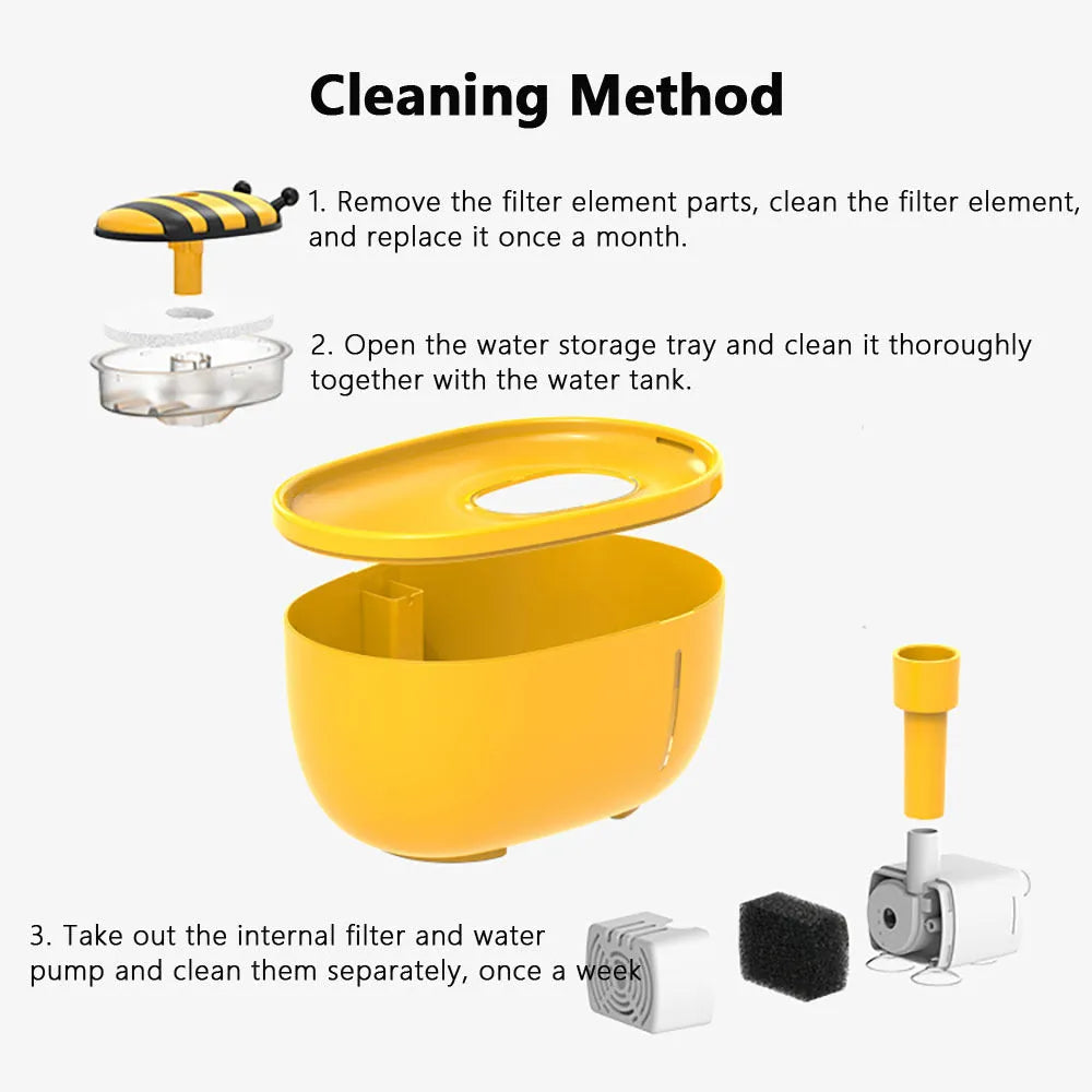 Yellow 4-litre pet water fountain with filter and blue LED light for cats and dogs