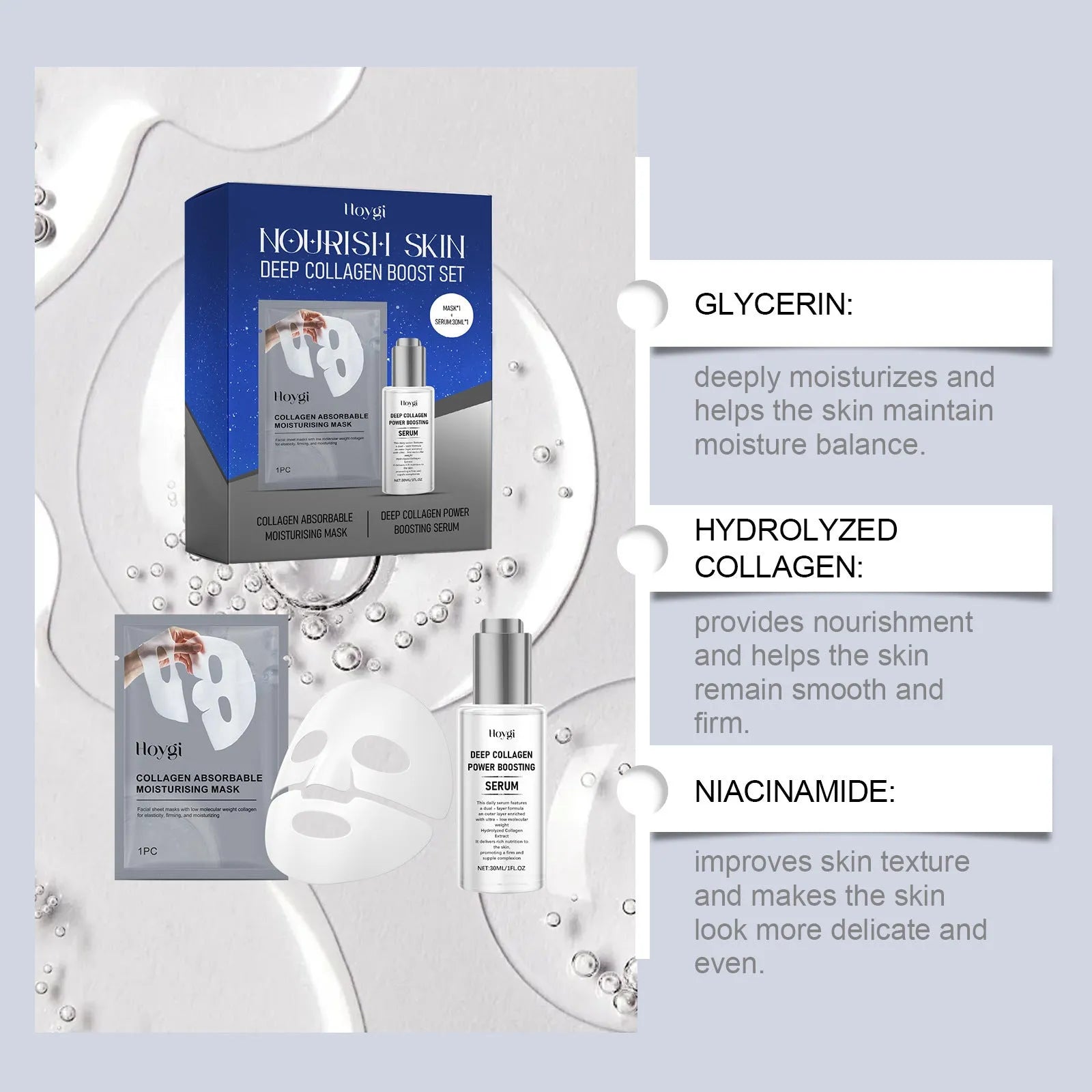 Collagen moisturising facial mask and 30ml essence bottle skincare set.