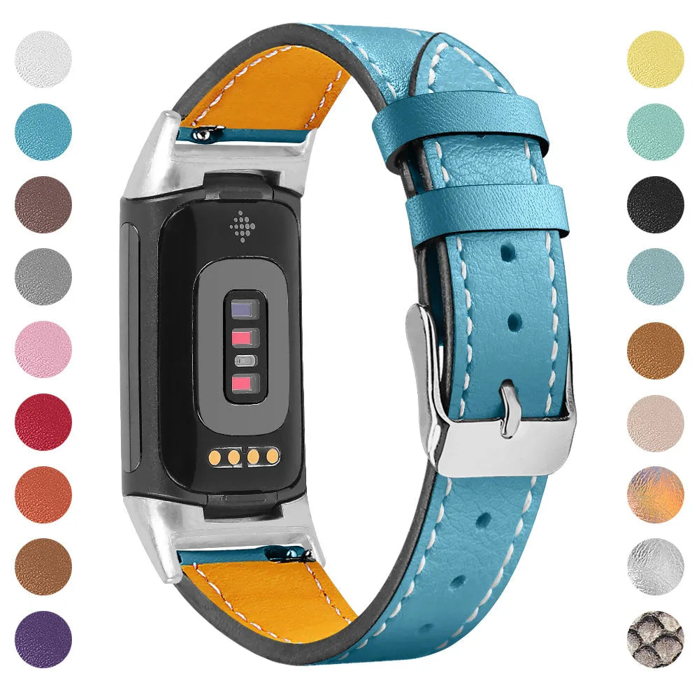 Genuine cowhide leather strap for Fitbit Charge 5 and Charge 6 smartwatches in multiple colours.