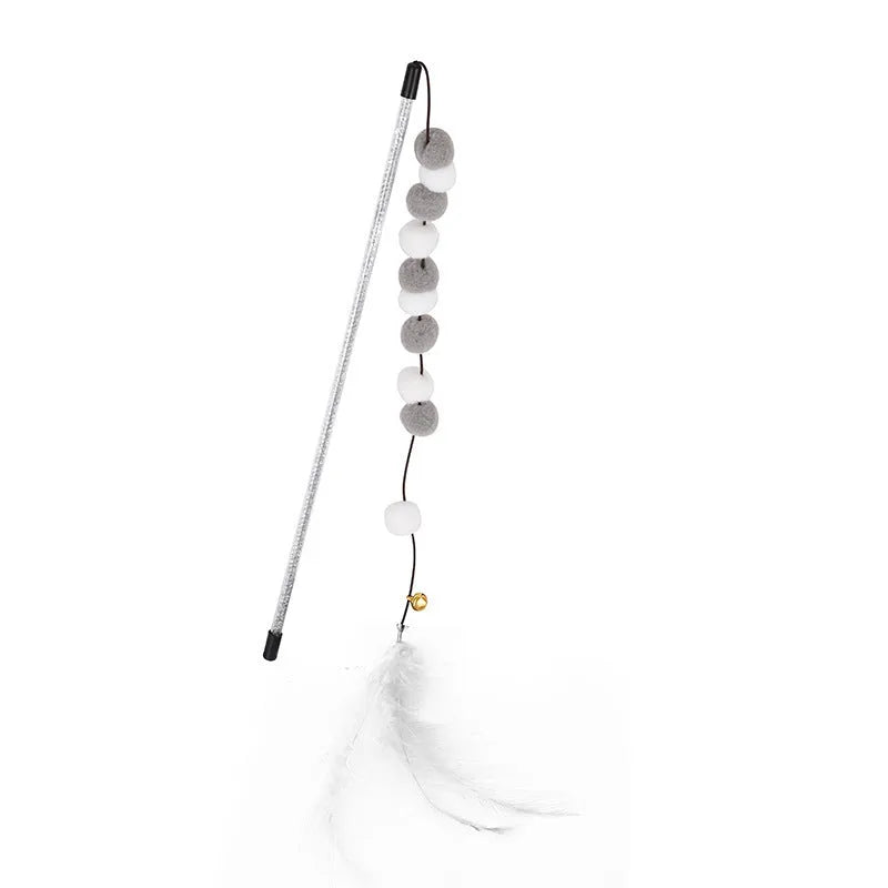 31cm long cat teaser interactive toy rod with bell and colourful polyester pompon feather attachment