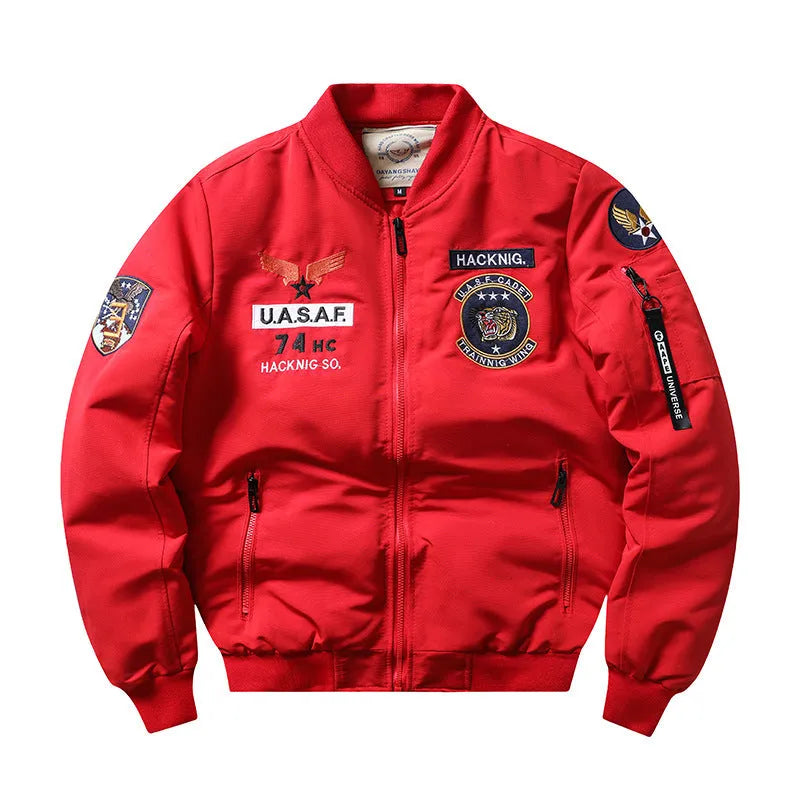 Slim-fit men's retro cotton-padded coat with stand collar and quilted embroidery, shown in blue.