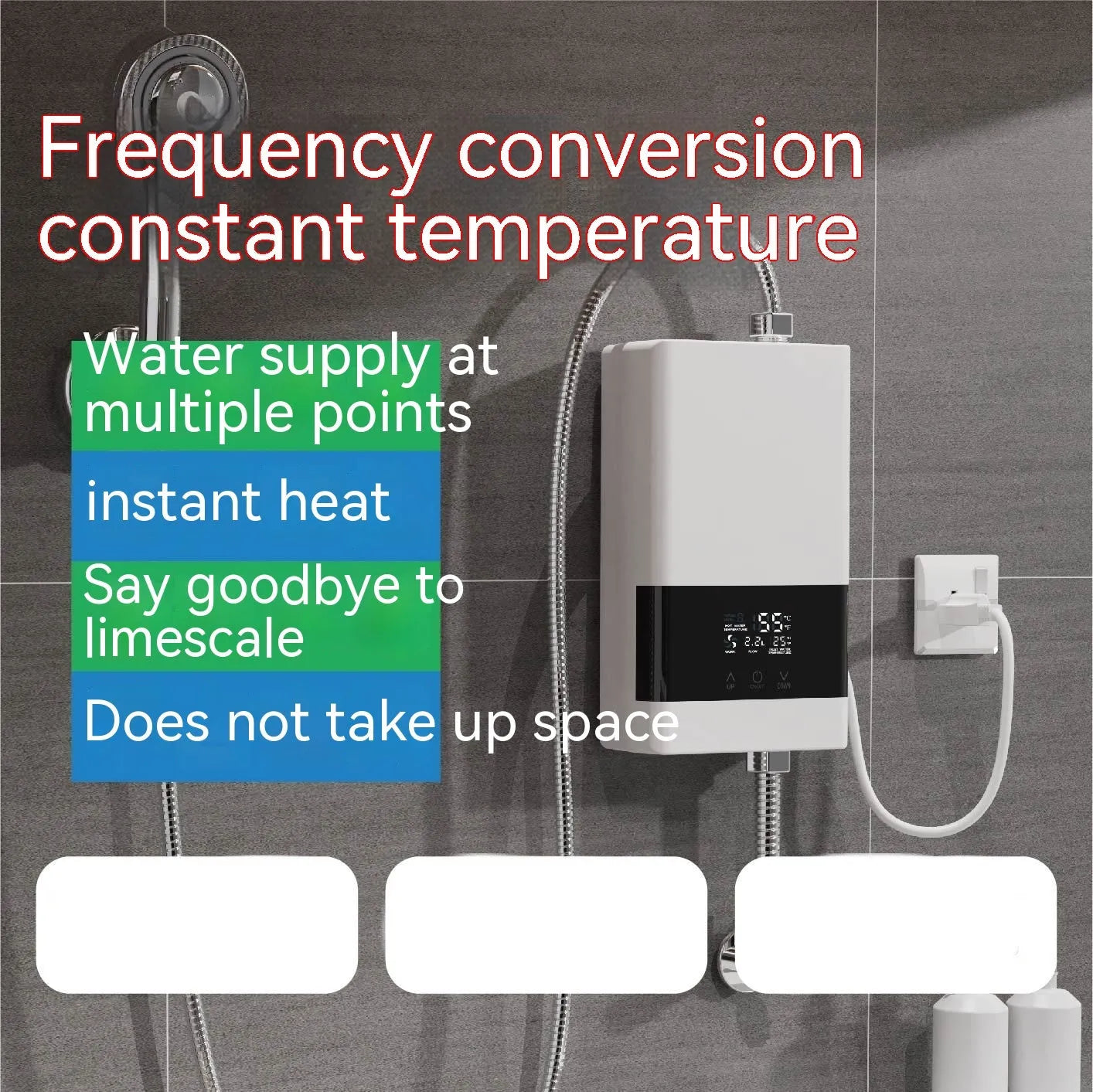 Household instant electric water heater with touch remote control and LED display in gold finish
