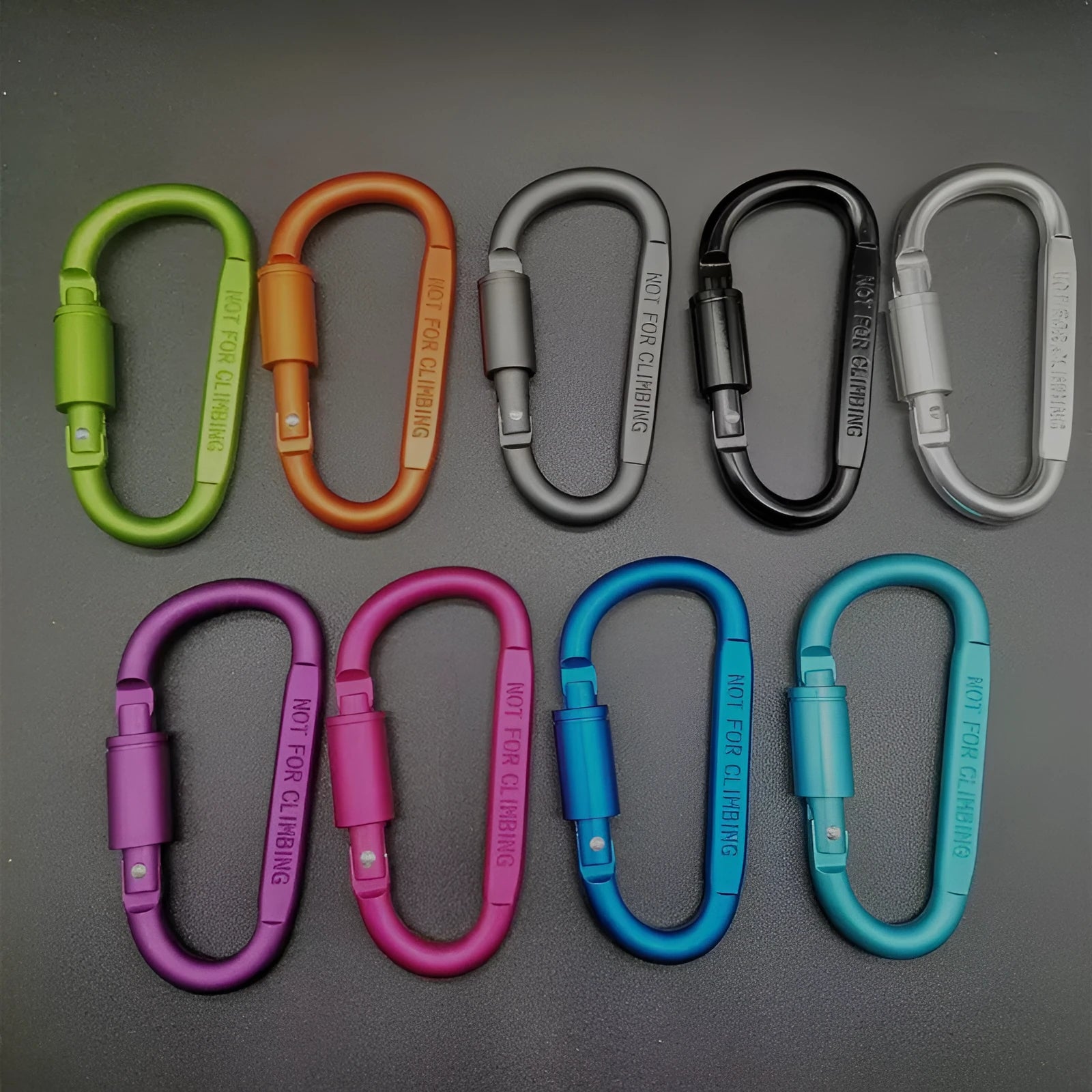 D-type aluminium carabiner with lock mechanism in bright colours measuring 8cm