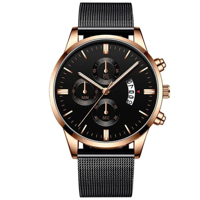 Men's stainless steel mesh band quartz watch showing analogue dial and choice of colour finishes.
