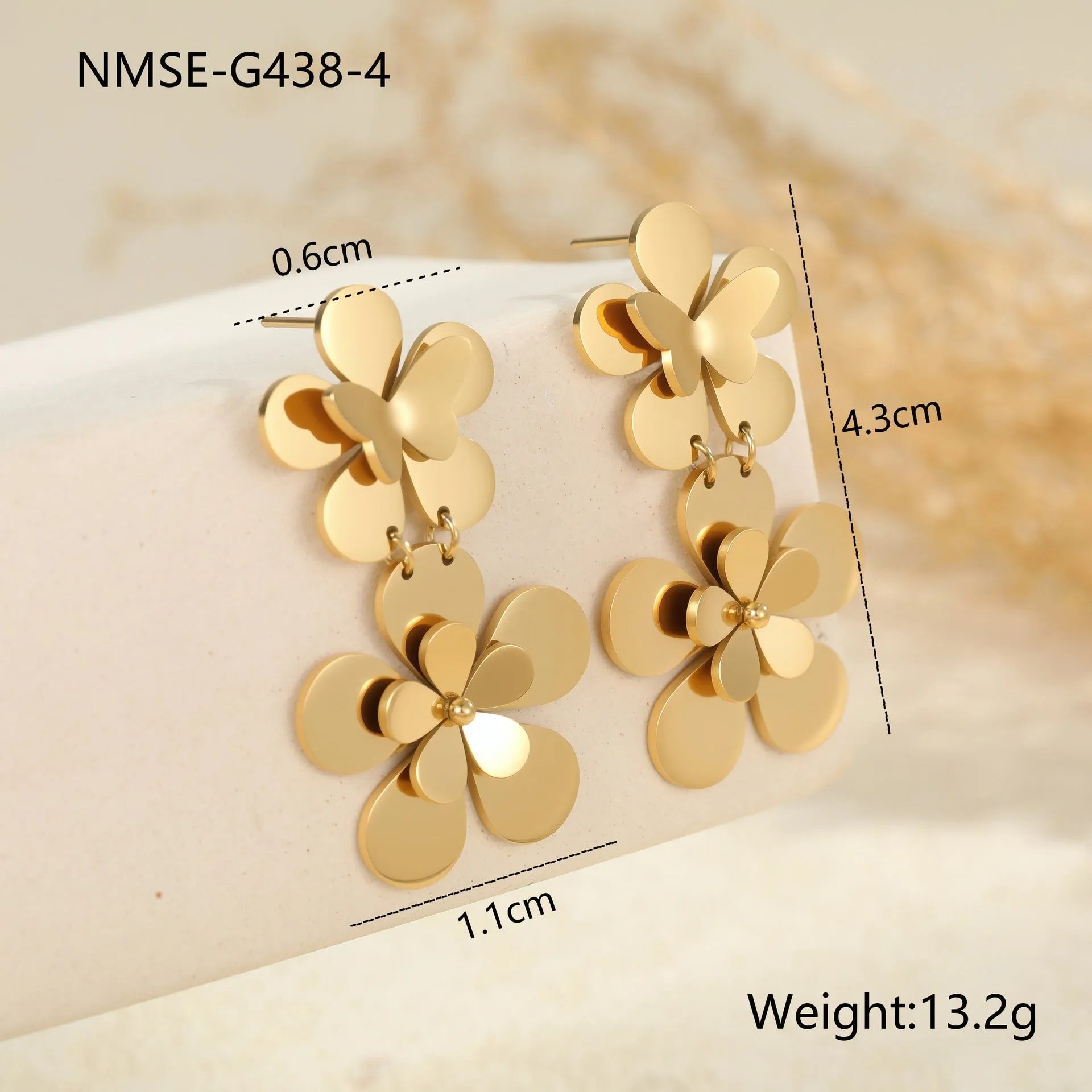 Gold floral butterfly design stainless steel earrings for women with electroplated finish