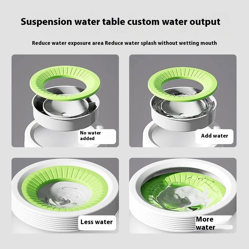 Green suspended pet water bowl for medium and small dogs and cats on a white plate