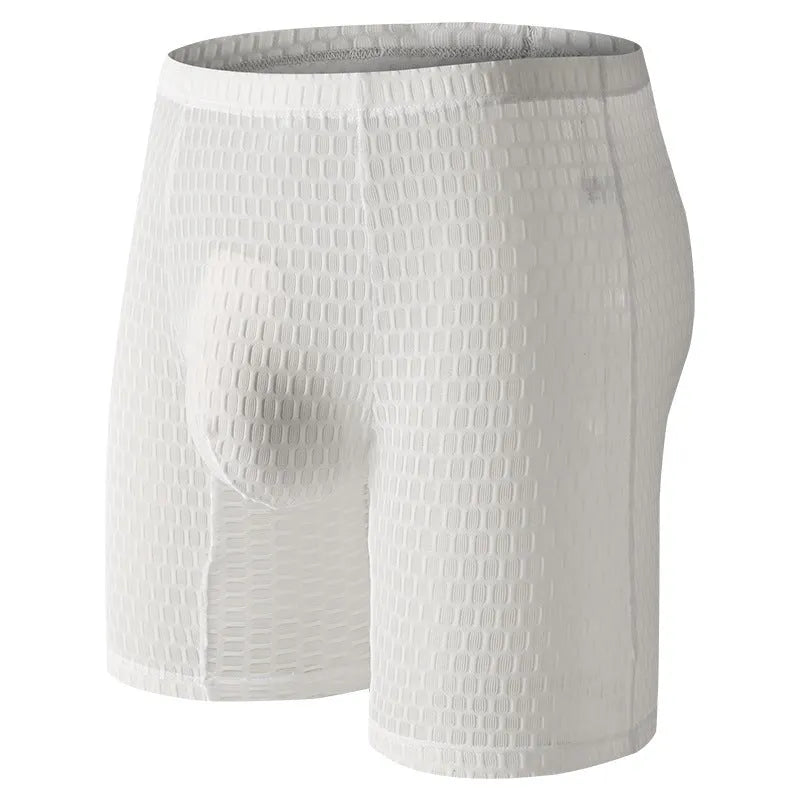 Men's white lace boxer shorts with lengthened hip lifting shaping design on a neutral background