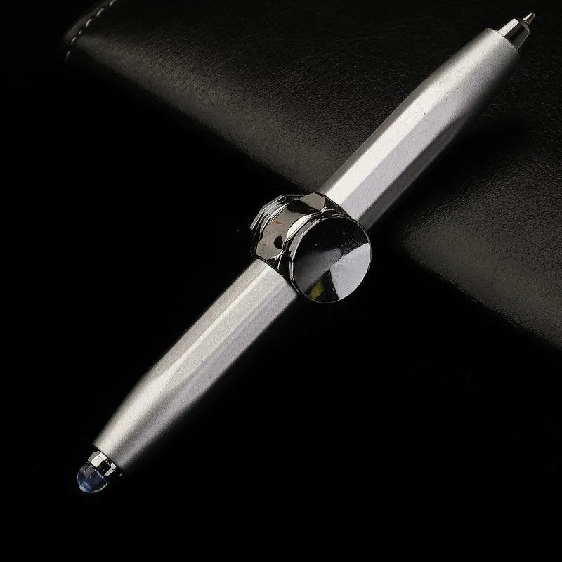 Metal gyro ballpoint pen with LED spinner, shown in multiple refill colour options.