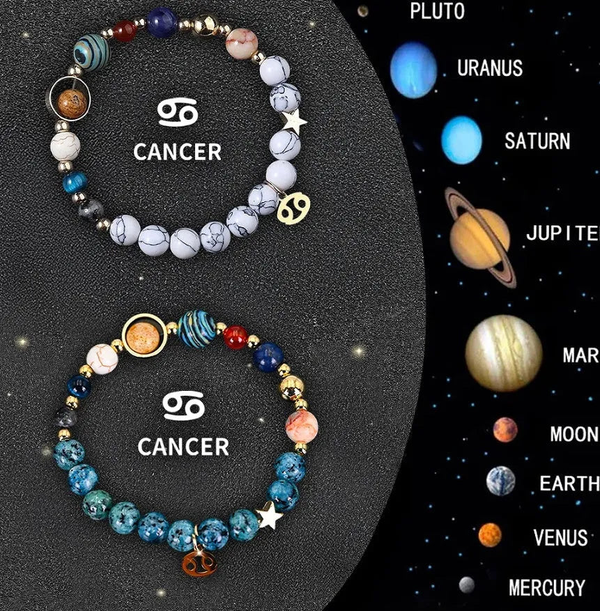 Set of two natural stone beaded bracelets with zodiac sign designs and a stainless steel clasp.