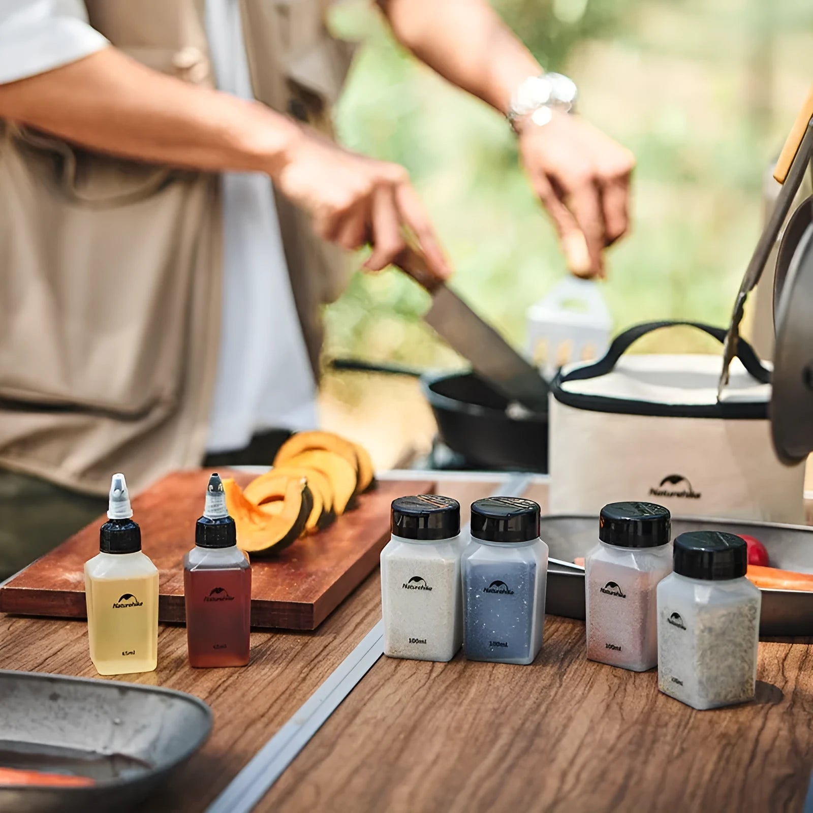 Naturehike six-piece portable seasoning bottle set made from white PP plastic for outdoor and kitchen use.