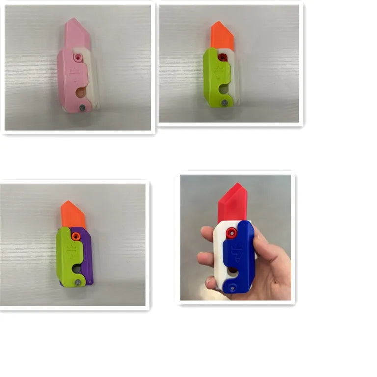Carrot-shaped 3D printed plastic gravity fidget knife with orange purple green colour scheme