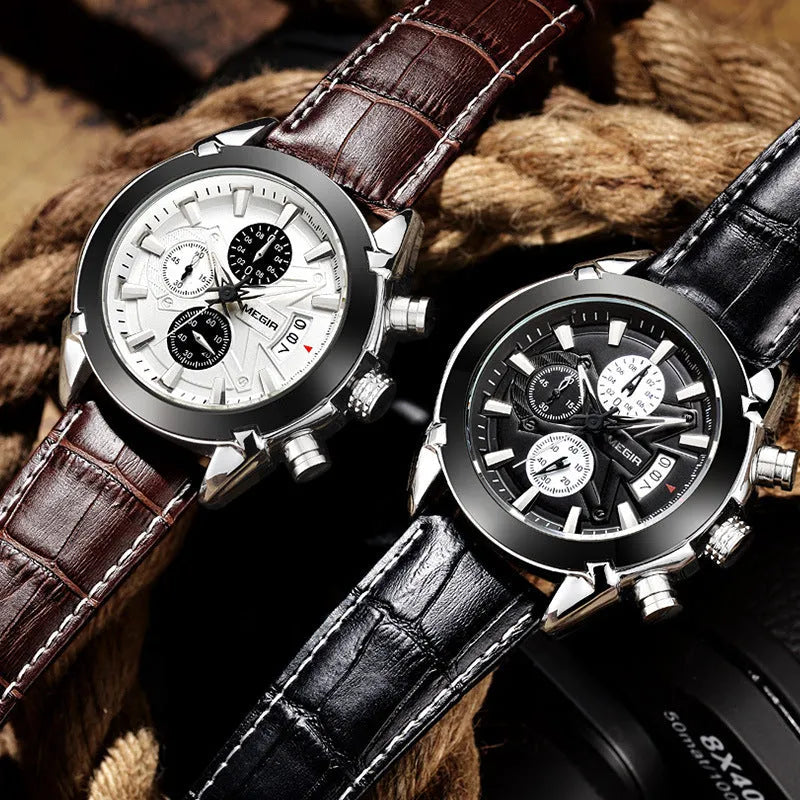 Men's multifunctional quartz watch with three subdials, six hands, luminous display, waterproof case