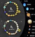 Two natural stone beaded bracelets with zodiac sign charms showing adjustable design