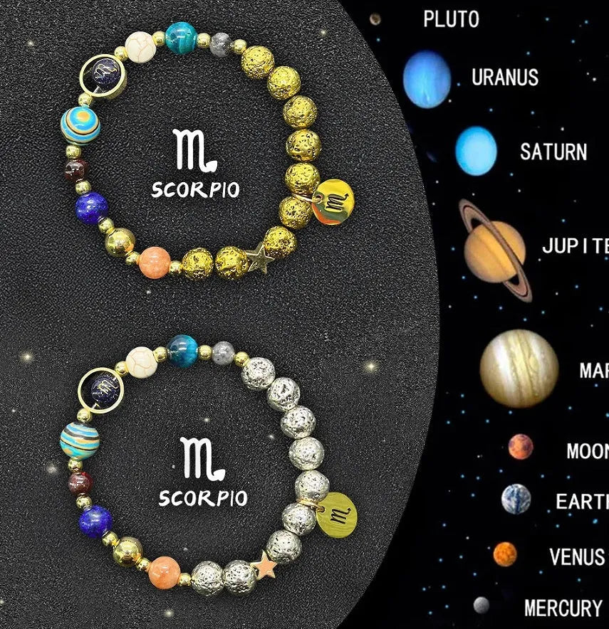 Two natural stone beaded bracelets with zodiac sign charms showing adjustable design
