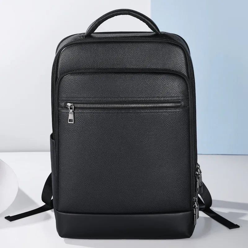 Black genuine leather men's business backpack with curved straps and sewing line detailing