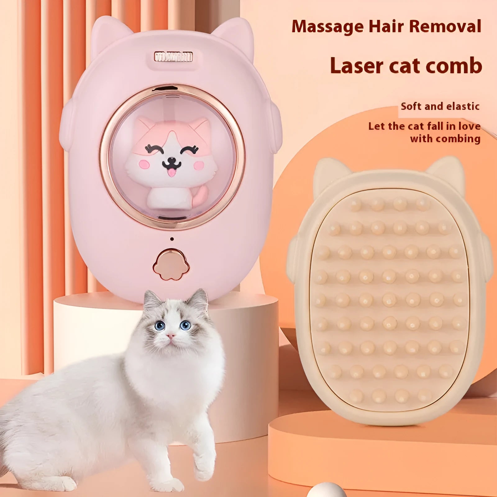Pink and yellow pet comb laser toy grooming brush for cats and dogs with ABS plastic construction
