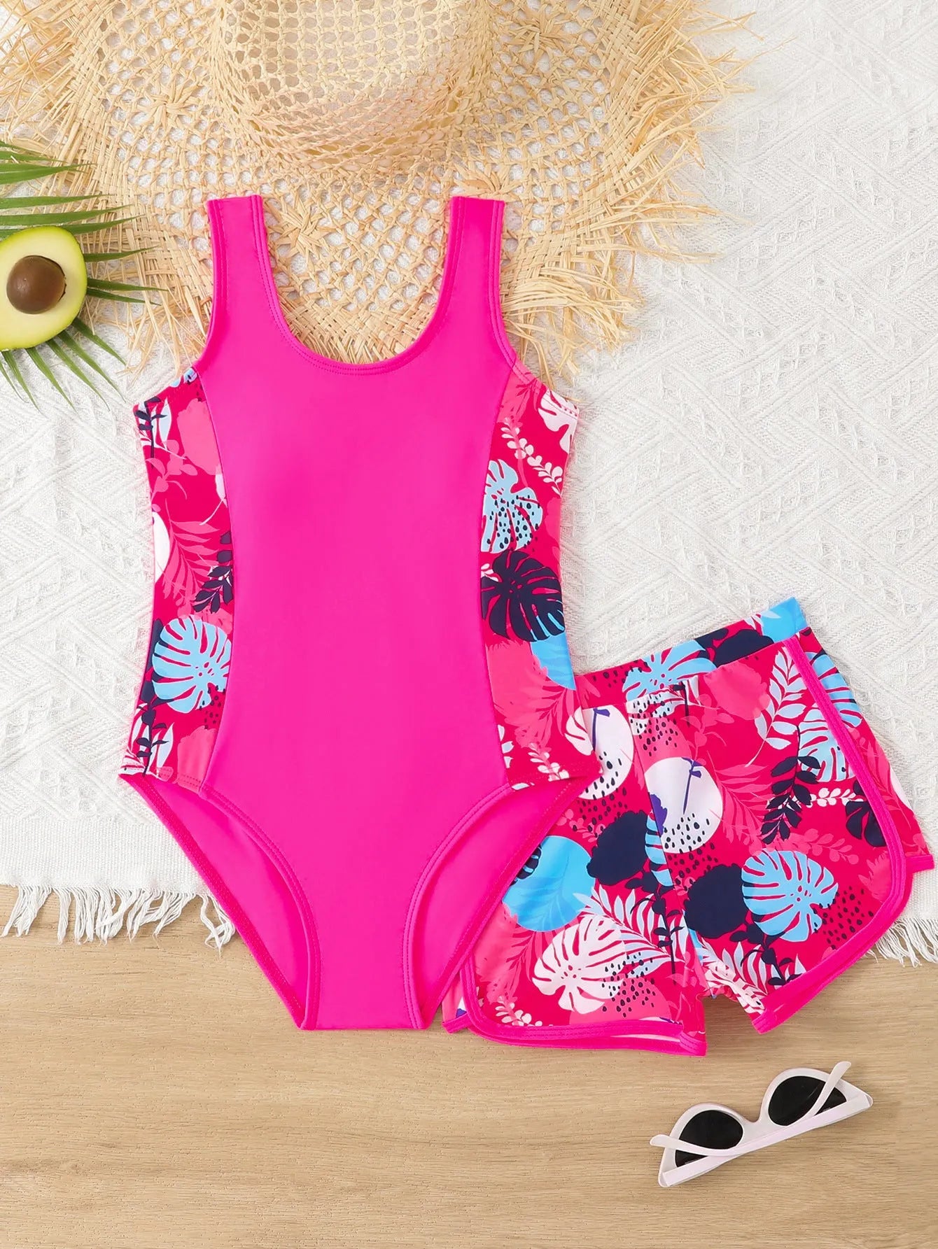 Girls' two piece swimsuit set with one piece and boxer shorts in blue, purple, and rose red, sizes 130 to 160, polyester fabric