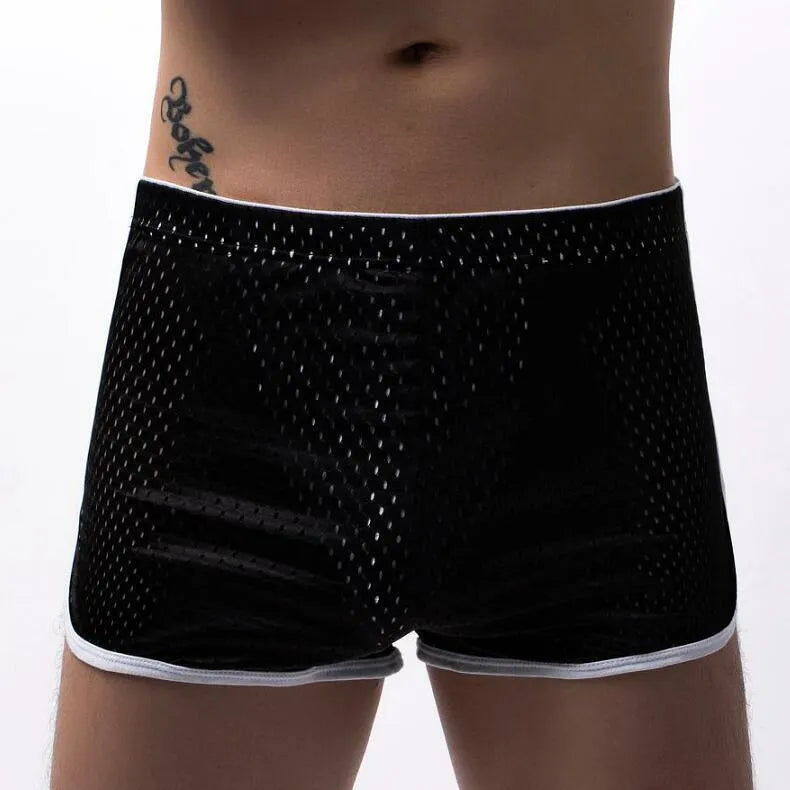 Men's cotton three-point fly boxer shorts in black, grey, dark blue, light blue, and white.