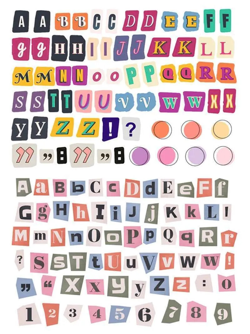 English letters and numbers symbol label stickers with alphabet sets and week words