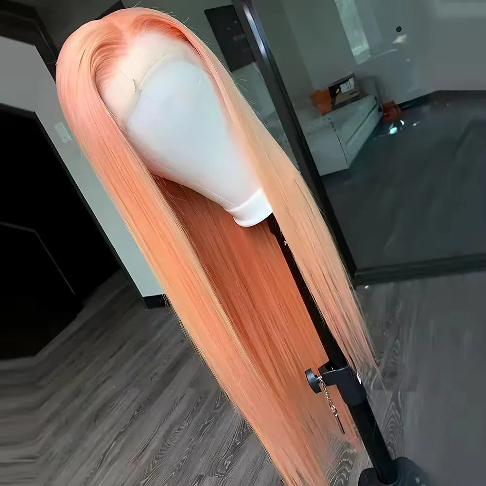 Light orange long straight lace front synthetic wig with side bangs on a mannequin head