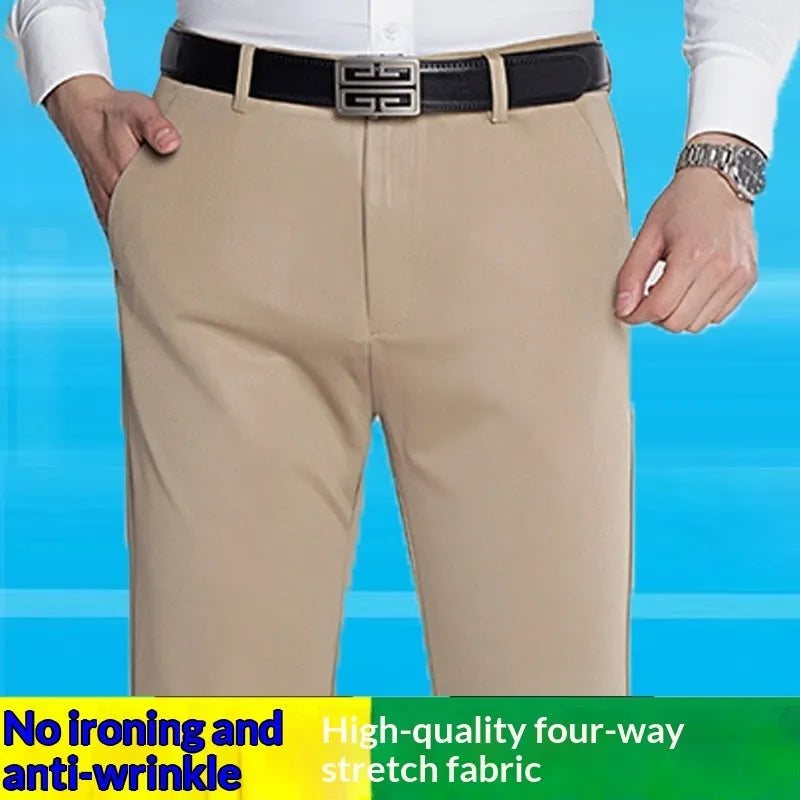 Men's autumn winter thick casual pants in sapphire blue with high elasticity waist, polyester fabric, size 29-40