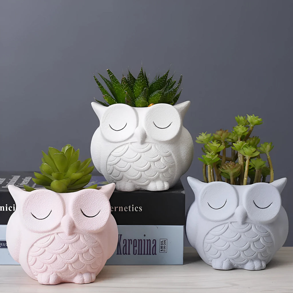 Handmade frosted ceramic flower pot with a cartoon owl design for small succulents.