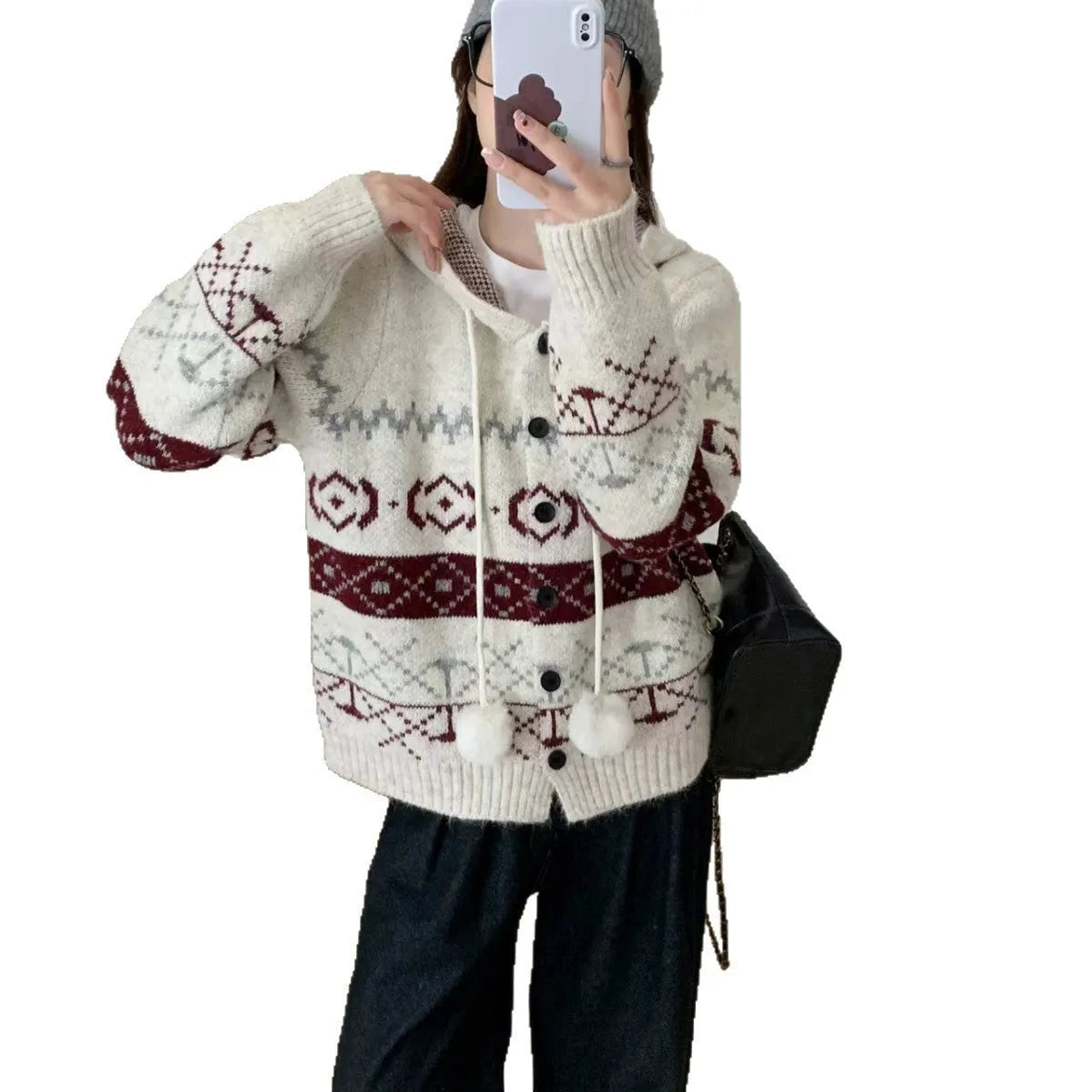 Plus size women's brocade sweater coat with geometric pattern in milky white or grey