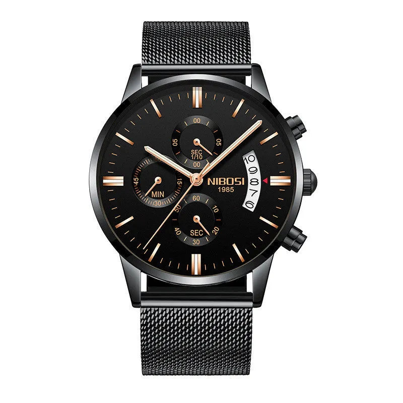 Men's watch with 43mm dial diameter, 11mm thickness, 22mm strap, quartz movement, stainless steel case