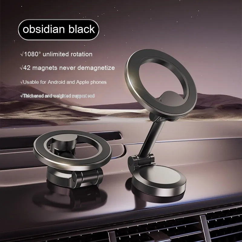 All-metal magnetic car phone mount with foldable design on vehicle dashboard
