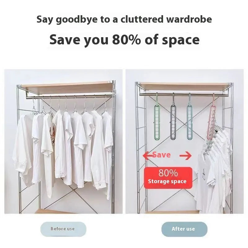 Green plastic folding clothes hanger with nine holes for organising trousers on a rack.
