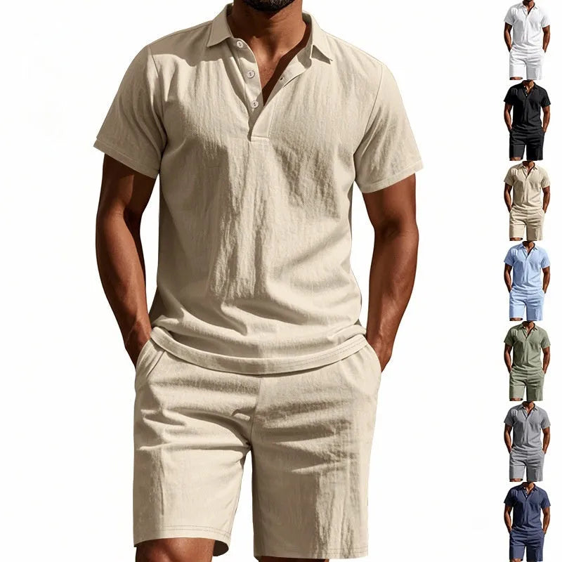 Men's light beige linen blend short sleeve top and shorts set on a hanger, summer casual outfit.