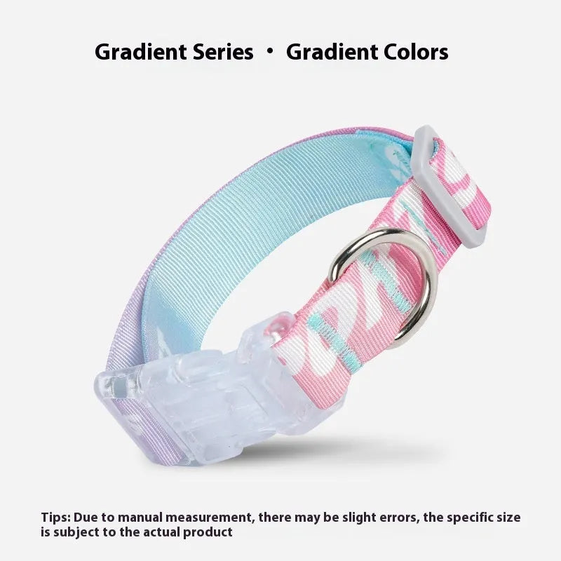 Adjustable nylon dog collar with a colourful cartoon gradient print and plastic buckle.