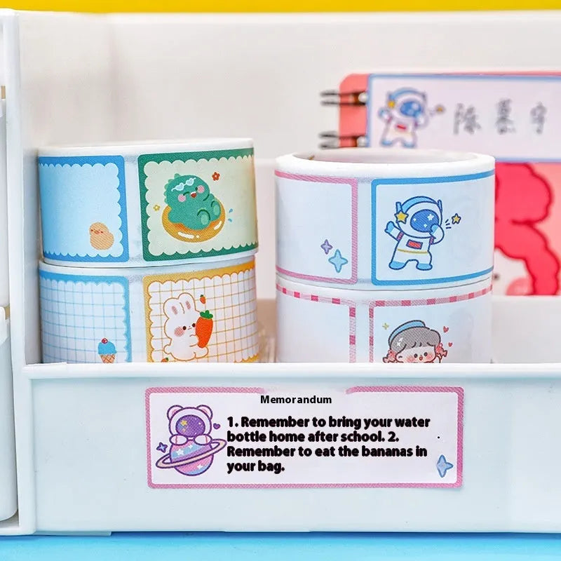 Roll of cartoon tape name stickers with dinosaur, astronaut, rabbit, or girl designs - 60 adhesive labels per roll