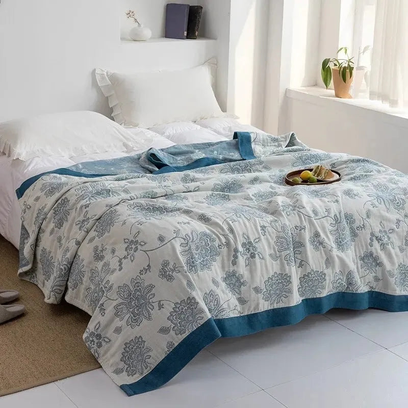 Pure cotton five-layer gauze bed sheet blanket in Roulette Wheel Blue with modern simplicity pattern