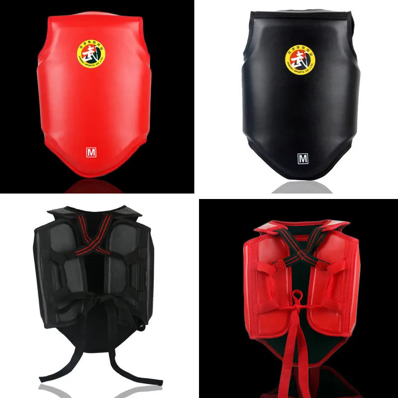 Red boxing helmet and chest protector set for fight training with PU construction