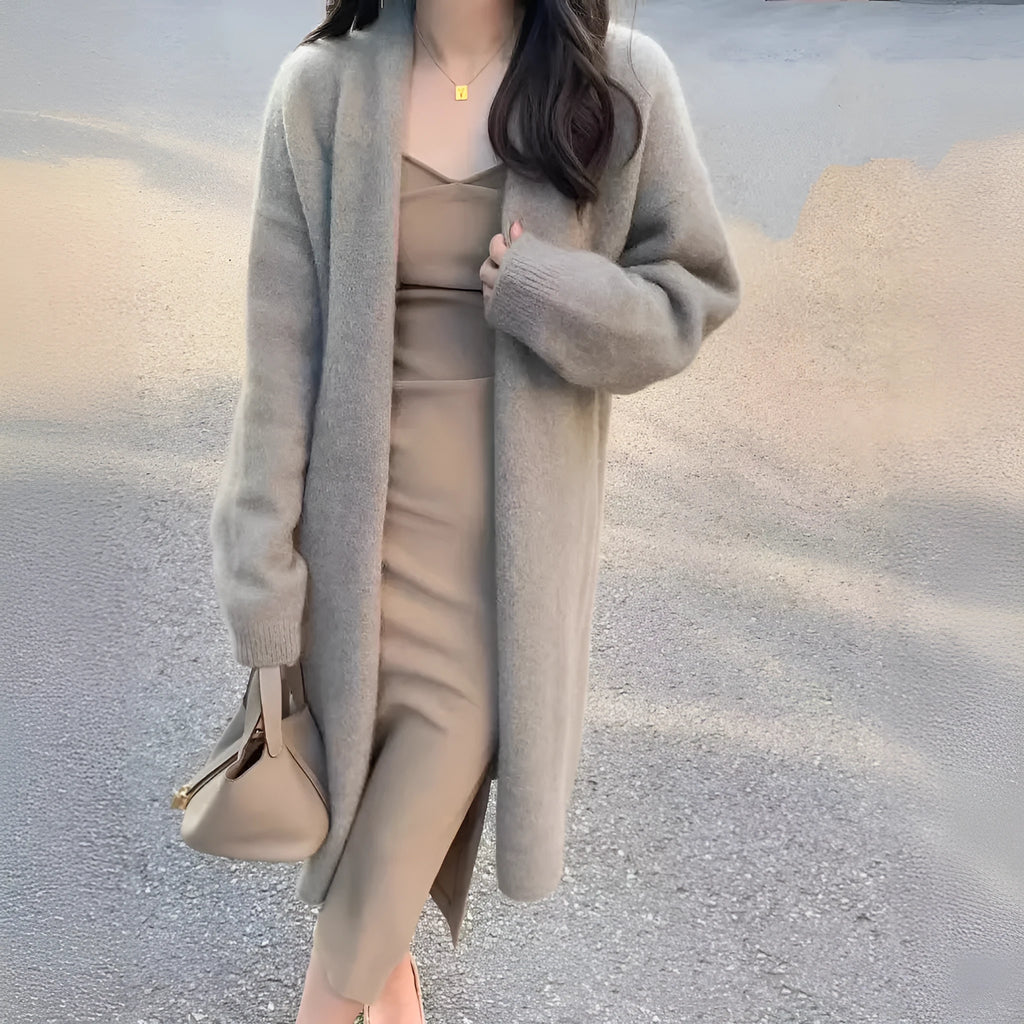 Women's mid-length V-neck knitted cardigan in loose fit free size, shown in khaki colour