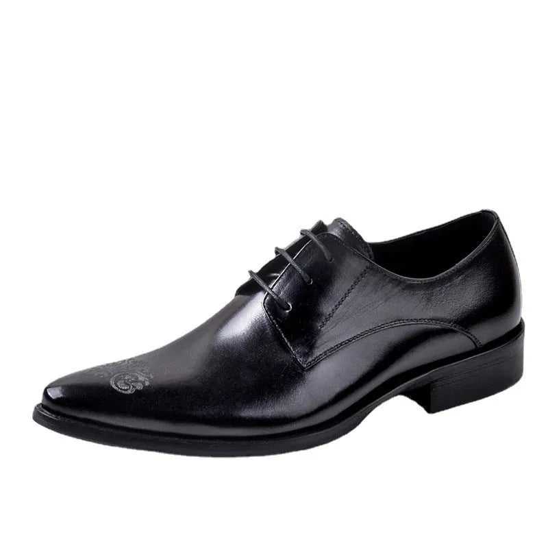 Men's cowhide leather pointed carved formal shoes in black, brown, or wine red with rubber sole