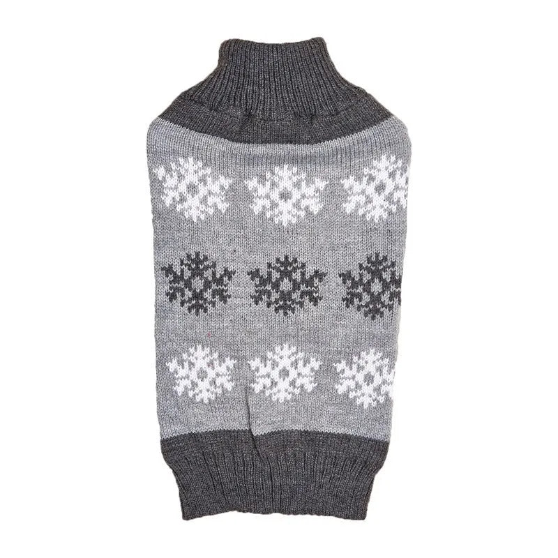 Grey and dark brown knitted acrylic dog Christmas sweater shown in various sizes from XXS to XL