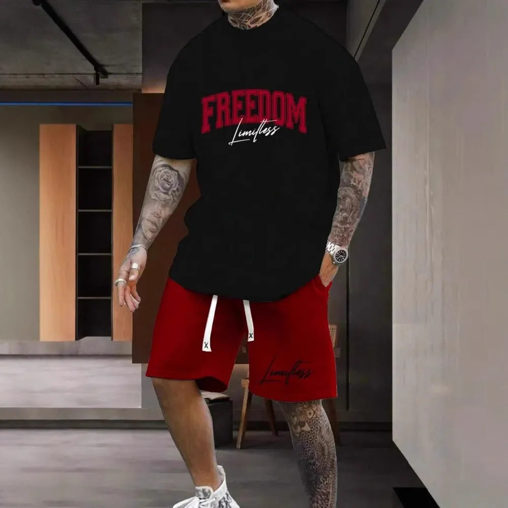 Men's 3D printed letter pattern sportswear two-piece set with short sleeves and shorts