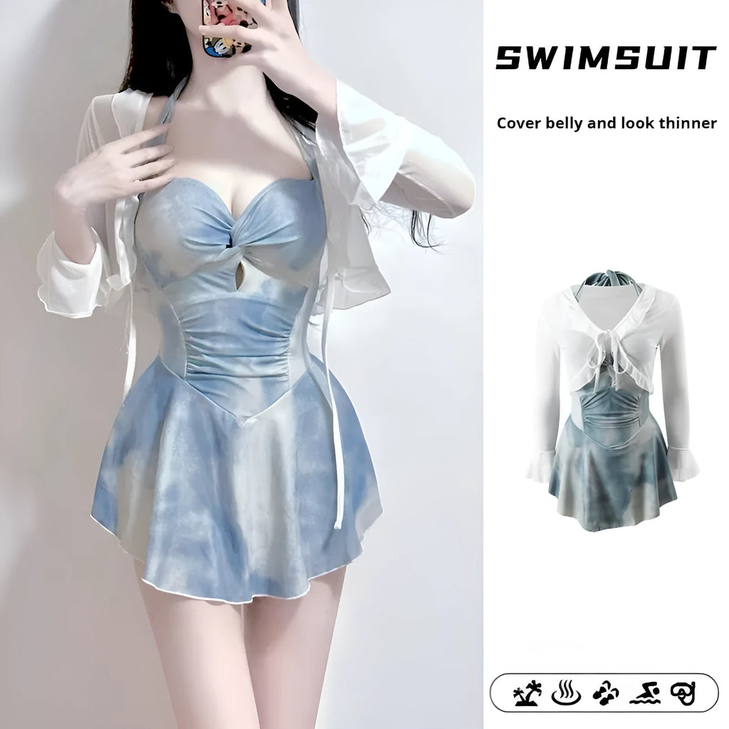 Blue women's Siamese conservative one-piece swimsuit with long sleeves and small chest push-up design