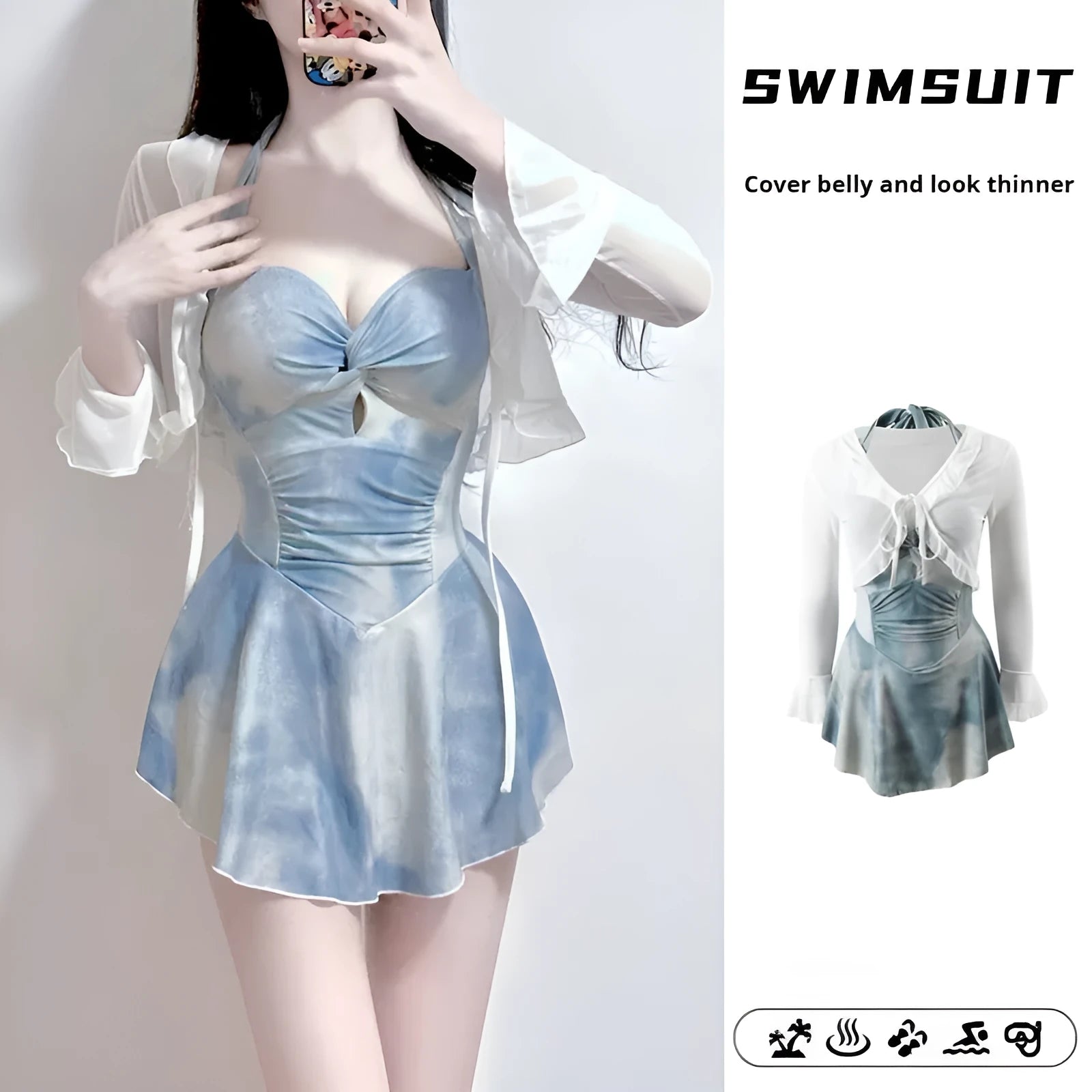 Blue women's Siamese conservative one-piece swimsuit with long sleeves and small chest push-up design