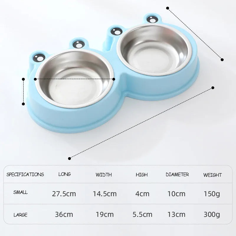 Frog-shaped double pet bowl with stainless steel interior for food and water, in blue