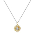 Close-up of a women's 925 silver necklace with a small daisy petal pendant on a cross chain, laid flat to show length.