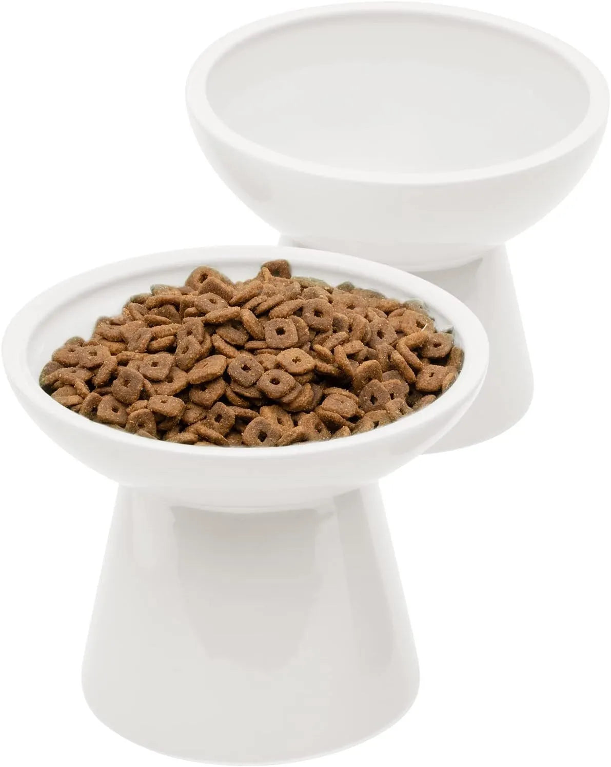 Elevated ceramic cat bowl with wide shallow dish for whisker fatigue prevention