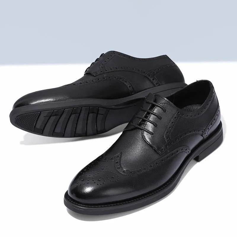Men's black and brown brogue Oxford style formal shoes with perforated detailing.